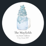 Sticker Rond Christmas Snowflake Blue Milshake Adresse<br><div class="desc">Illustration du milk-shake bleu dans une bocale de mason recouverte de crème fouettée,  de sauterelles de flocon et de biscuit de Noël.</div>