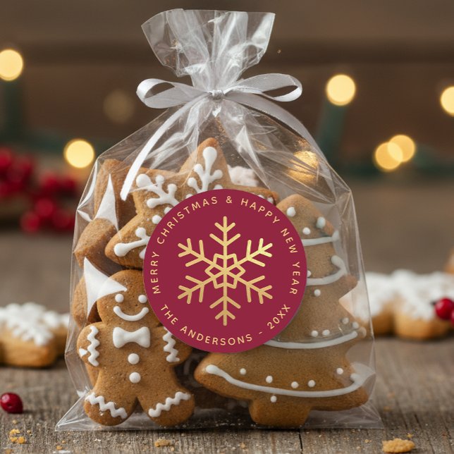 Sticker Rond Christmas Snowflake Burgundy Faux Gold Elegant  (Créateur téléchargé)