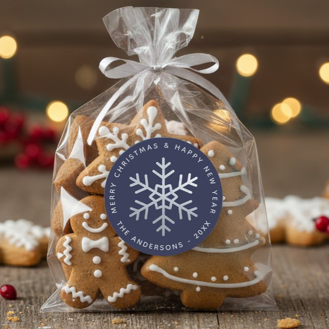 Sticker Rond Christmas Snowflake Navy Blue Faux Silver Elegant  (Créateur téléchargé)