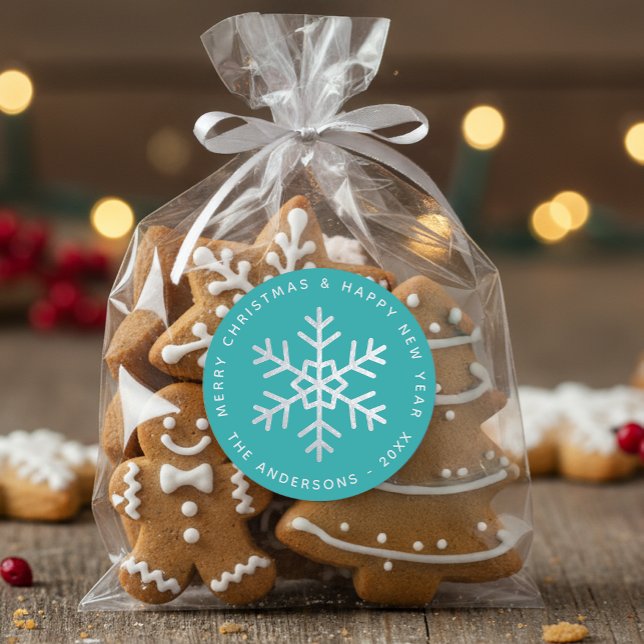 Sticker Rond Christmas Snowflake Teal Elegant Faux Silver Foil  (Créateur téléchargé)