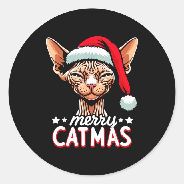 Sticker Rond Christmas Sphynx Cat Merry Catmas Santa Hat Xmas  (Devant)