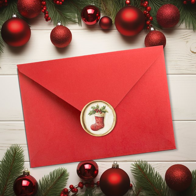 Sticker Rond Christmas Stocking Holly Faux Wax (Christmas Stocking Holly Faux Wax Classic Round Sticker)