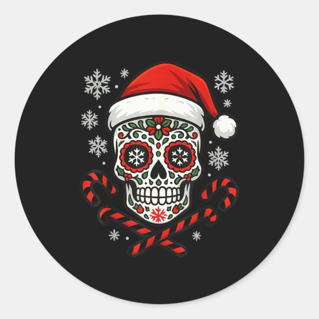 Sticker Rond Christmas Sugar Calavera Skull Santa Hat Candy Can (Devant)