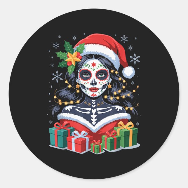 Sticker Rond Christmas Sugar Skull Art Woman Santa Hat Festive  (Devant)