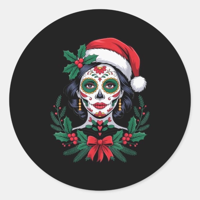 Sticker Rond Christmas Sugar Skull Art Woman Santa Hat Festive  (Devant)