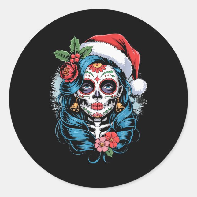 Sticker Rond Christmas Sugar Skull Art Woman Santa Hat Festive  (Devant)