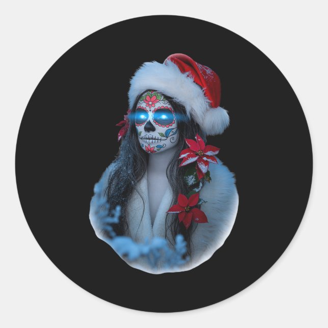 Sticker Rond Christmas Sugar Skull Art Woman Santa Hat Festive  (Devant)