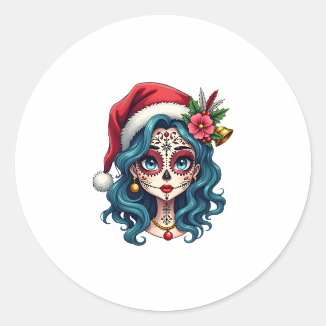 Sticker Rond Christmas Sugar Skull Art Woman Santa Hat Festive  (Devant)