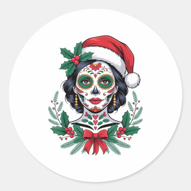 Sticker Rond Christmas Sugar Skull Art Woman Santa Hat Festive  (Devant)
