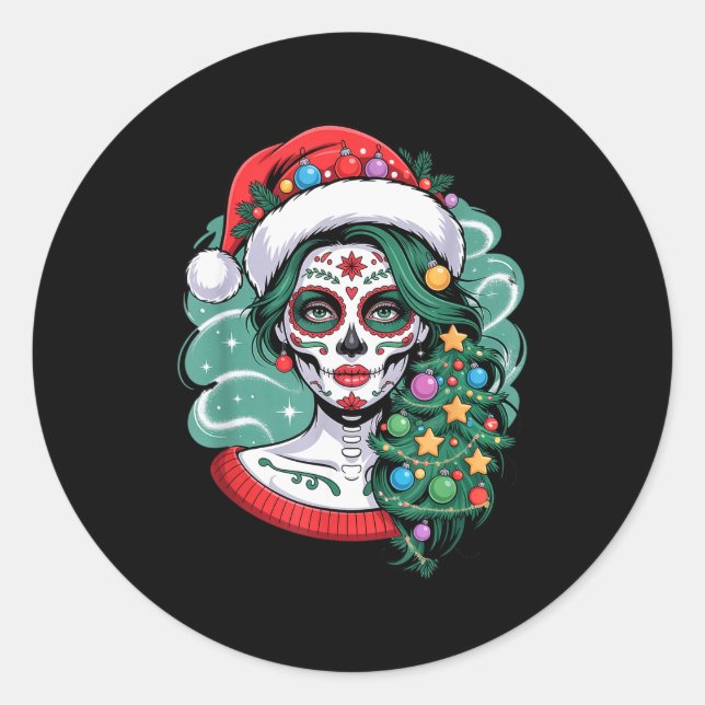 Sticker Rond Christmas Sugar Skull Art Woman Santa Hat Festive  (Devant)