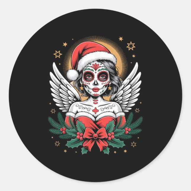 Sticker Rond Christmas Sugar Skull Art Woman Santa Hat Festive  (Devant)