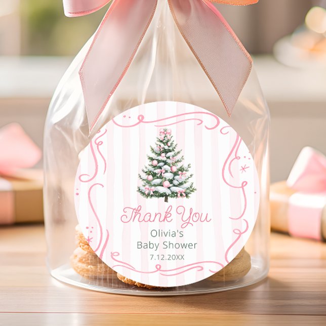 Sticker Rond Christmas Thee Pink Winter Baby Shower Thank You (Créateur téléchargé)