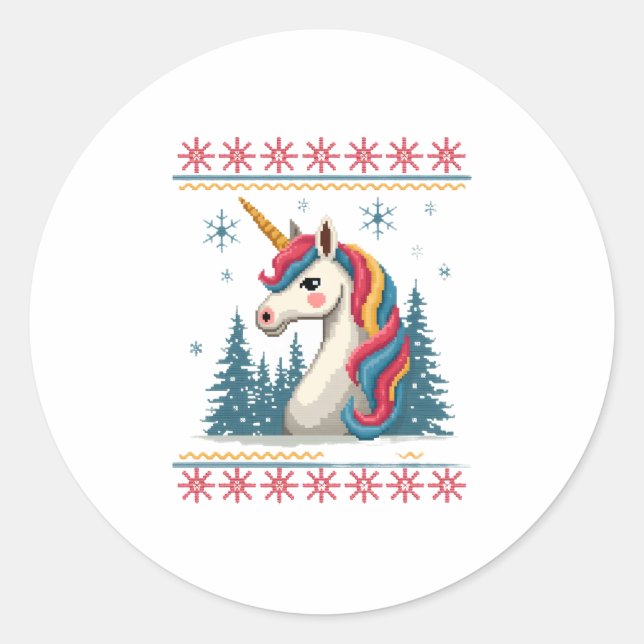 Sticker Rond Christmas Theme Knitted Unicorn Unicorns T-Shirt ( (Devant)