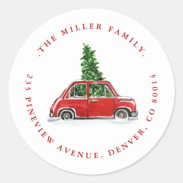 Sticker Rond Christmas Tree and Little Red Car Holiday Adresse (Devant)