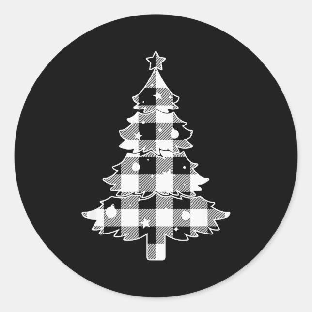 Sticker Rond Christmas Tree Black &amp; White Buffalo Plaid Mer (Devant)