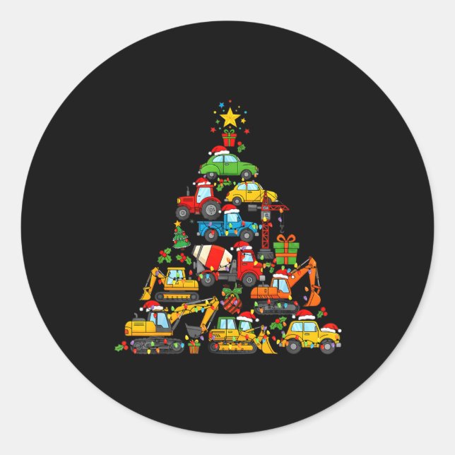 Sticker Rond Christmas Tree Cute Construction Truck Xmas Holida (Devant)