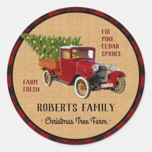 Sticker Rond Christmas Tree Farm Vintage Camion rouge Plaid Rus