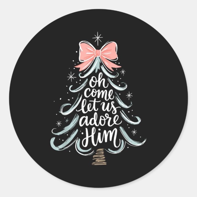 Sticker Rond Christmas Tree Oh Come Let Jesus Us Adore Him Coqu (Devant)