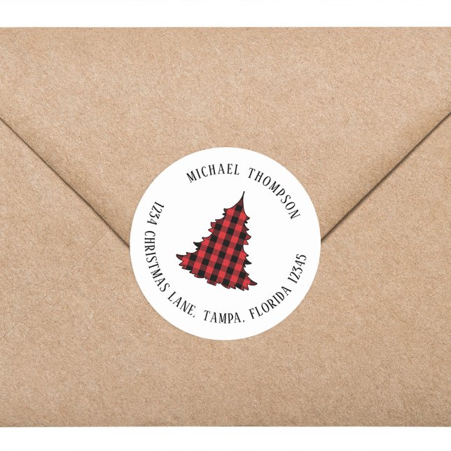 Sticker Rond Christmas Tree Simple Holiday Return Adresse (Simple Christmas Tree Buffalo Plaid Return Address Label)