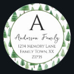 Sticker Rond Christmas Trees Adresse de famille<br><div class="desc">Lettre monogramme Colonne d'enveloppe de nom de famille. Motif de Noël amusant. Couleurs de police de script avec une police de nom serif facile à lire. Facile à adapter à vos propres besoins.</div>