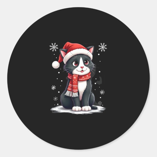 Sticker Rond Christmas Tuxedo Cat Santa Scarf Ugly Xmas Women G (Devant)