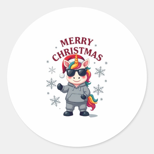 Sticker Rond Christmas Unicorn Santa Hat T-Shirt (Devant)