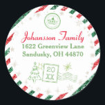 Sticker Rond Christmas Vintage Air Mail Parties scintillant Adr<br><div class="desc">Une magnifique bordure de parties scintillant de style vintage avec rayures rouges et vertes pour cette période de vacances. Ajoutez votre nom de famille et votre adresse. Utilisez comme autocollant d'adresse de retour sur vos colis de Noël. Éléments correspondants disponibles.</div>