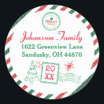 Sticker Rond Christmas Vintage Air Mail Parties scintillant Adr<br><div class="desc">Une magnifique bordure de parties scintillant de style vintage avec rayures rouges et vertes pour cette période de vacances. Ajoutez votre nom de famille et votre adresse. Utilisez comme autocollant d'adresse de retour sur vos colis de Noël. Éléments correspondants disponibles.</div>