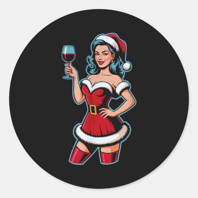 Sticker Rond Christmas Wine Santa Girl Holiday Party Funny Vint (Devant)