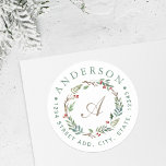 Sticker Rond Christmas Winter Berries Wreath Monogramme Adresse<br><div class="desc">Un autocollant/étiquette de Noël conçu sur mesure et doté d'un monogramme personnalisé encerclé d'une élégante chemise de Noël aquarelle avec verdure d'hiver et baies rouges. Cette enveloppe autocollante est parfaite pour décorer les annonces de vacances,  les invitations,  les cadeaux do-it-yourself et plus encore!</div>