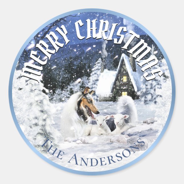 Sticker Rond Christmas Winter Fairy Tale, Blue Merle Collie - (Devant)