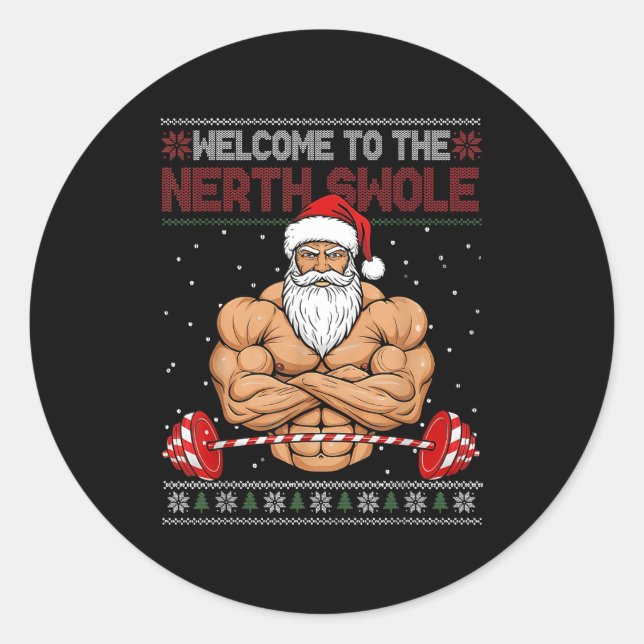 Sticker Rond Christmas Workout Welcome To North Swole Xmas Gym  (Devant)