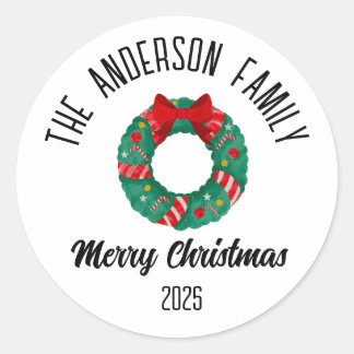 Sticker Rond Christmas Wreath Red Bow Lights Personalized Name