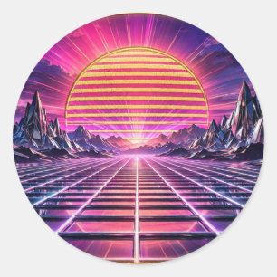Sticker Rond Chrome Horizon — Synthwave Rétro Coucher de Soleil
