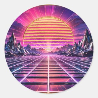 Sticker Rond Chrome Horizon — Synthwave Rétro Coucher de Soleil