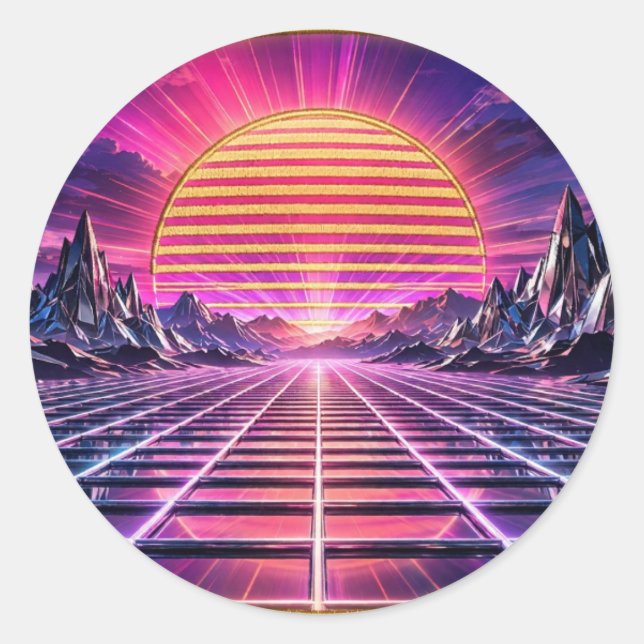 Sticker Rond Chrome Horizon — Synthwave Rétro Coucher de Soleil (Devant)