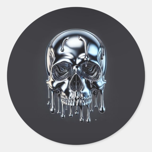 Sticker Rond Chrome Liquide Argent Skull Dégoulinant Soirée Hal (Devant)