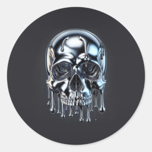 Sticker Rond Chrome Liquide Argent Skull Dégoulinant Soirée Hal