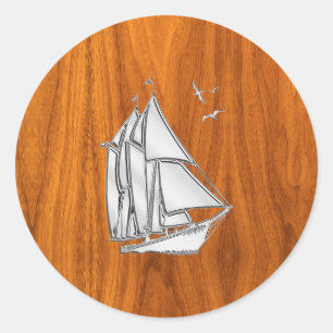 Sticker Rond Chromes Silver like Sailboat on Teak Veneer