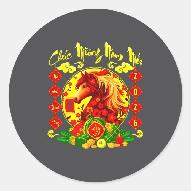 Sticker Rond Chuc Mung Nam Moi Happy New Year 2026 Horse Vietna (Devant)