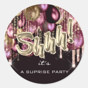 Sticker Rond Chut ! C'est Surprise Party Ballons Rose Gold Blac