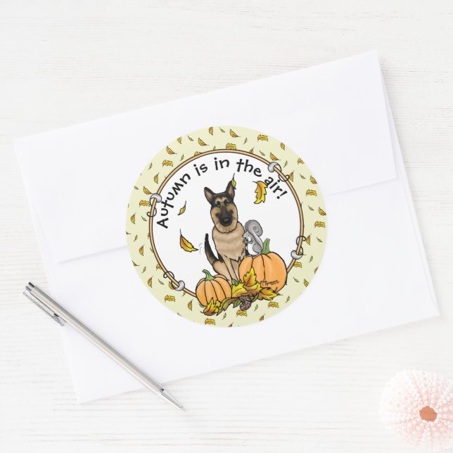 Sticker Rond Chute berger allemand chien (tan noir) Citrouille  (Enveloppe)