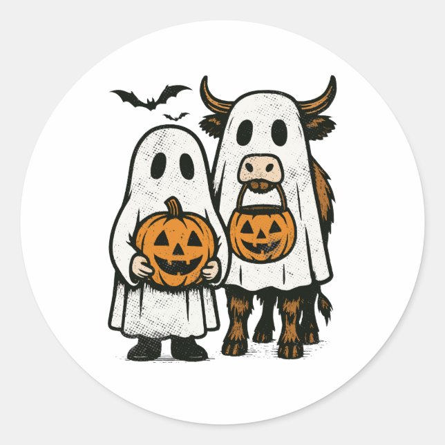 Sticker Rond Chute Cute Vache Highland Ghost Halloween (Devant)