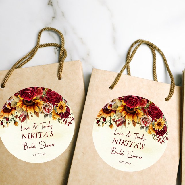 Sticker Rond Chute d'amour tournesols rose bordeaux merci (Fall bridal shower sunflowers burgundy roses thank you favor stickers)