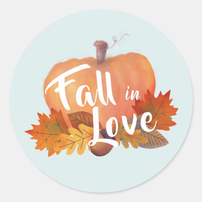 Sticker Rond Chute en Amour Citrouille Automne Feuilles Bleues (Devant)