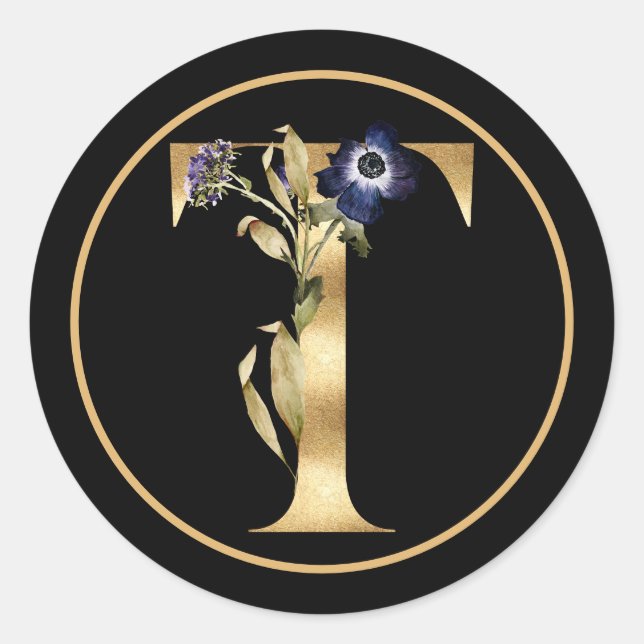 STICKER ROND CHUTE THÈME OR MONOGRAM T AVEC ARRANGEMENT FLORAL (Devant)