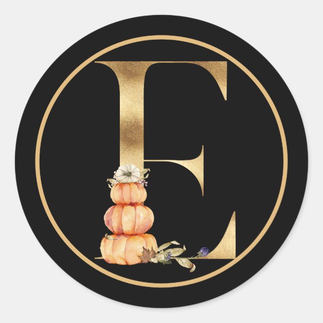 STICKER ROND CHUTE THÈME OR MONOGRAMME E AVEC CITROUILLE (Devant)