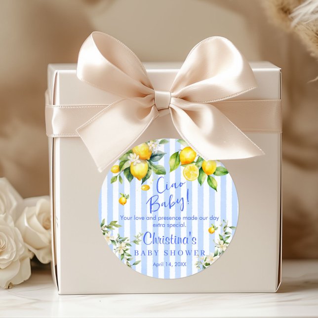 Sticker Rond Ciao Baby Blue Stripe Lemon Baby Shower Thank you  (Ciao Baby Blue Stripe Lemon Baby shower Thank you Stickers)