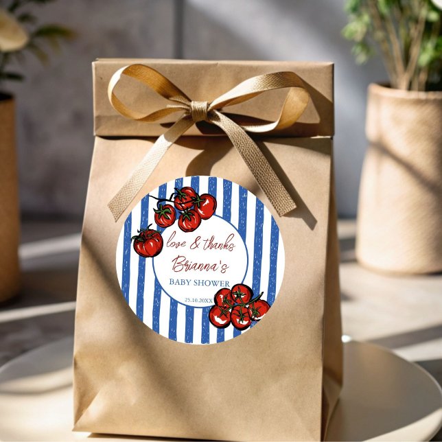 Sticker Rond Ciao baby tomato blue Italian baby shower favor (Ciao baby tomato blue stripes  Italian farmers market baby shower personalized favor  Stickers)