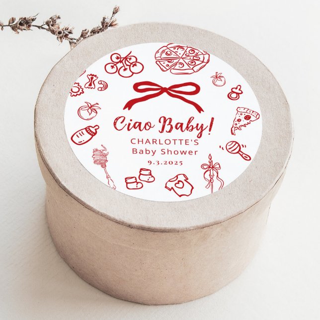 Sticker Rond Ciao Baby Whimsical Red Bow Baby Shower (Créateur téléchargé)